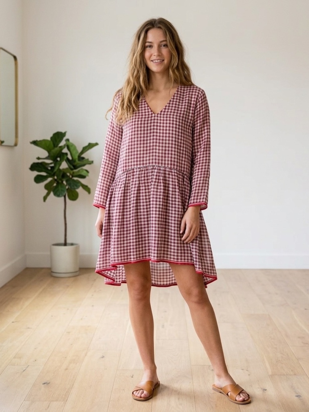 Péro‎ Red & white Gingham V-Neck Swing Dress 100% linen size 44 12 XL boho